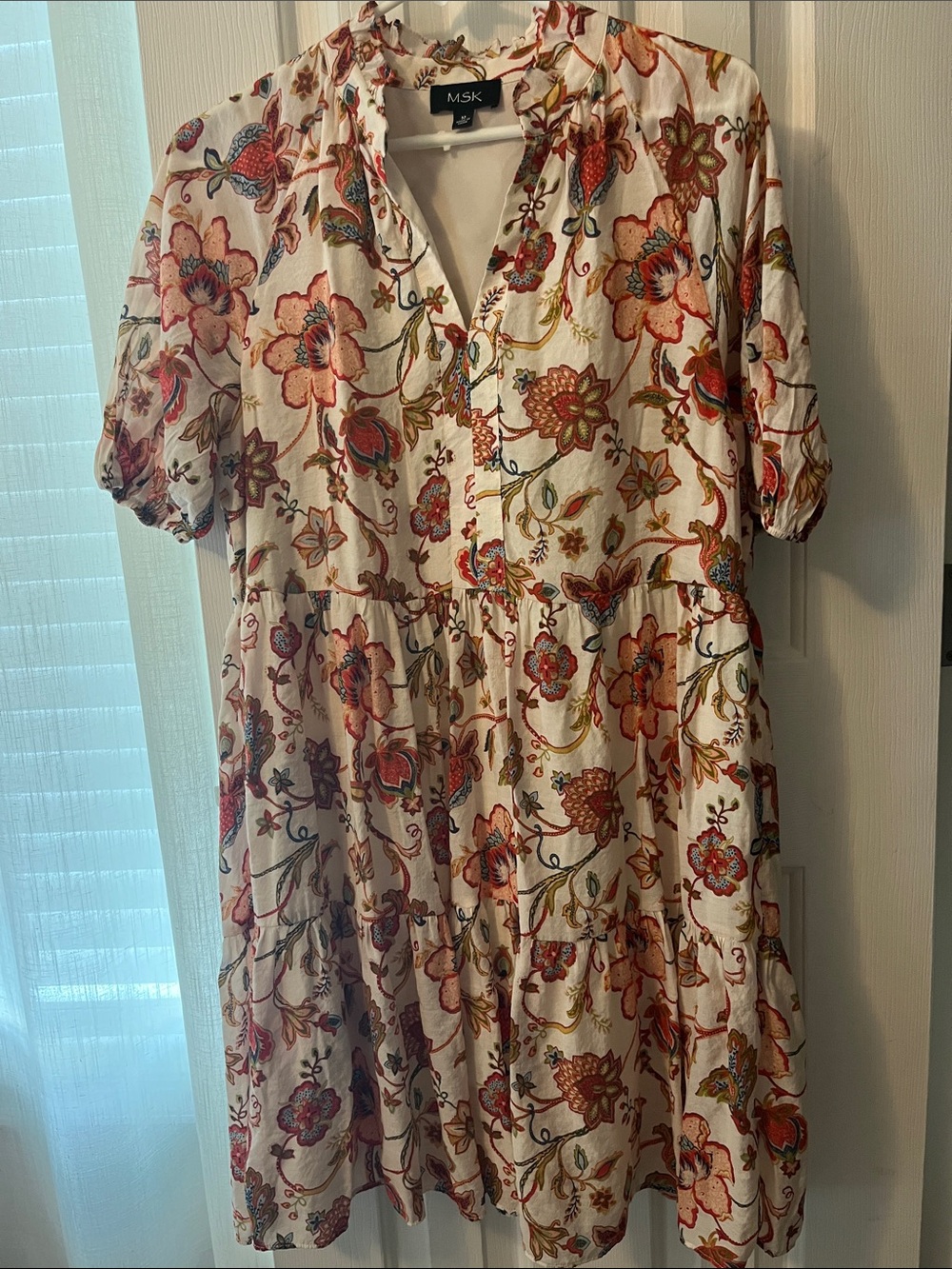 MSK Cream Tiered Midi Dress with Red & Green Floral Print